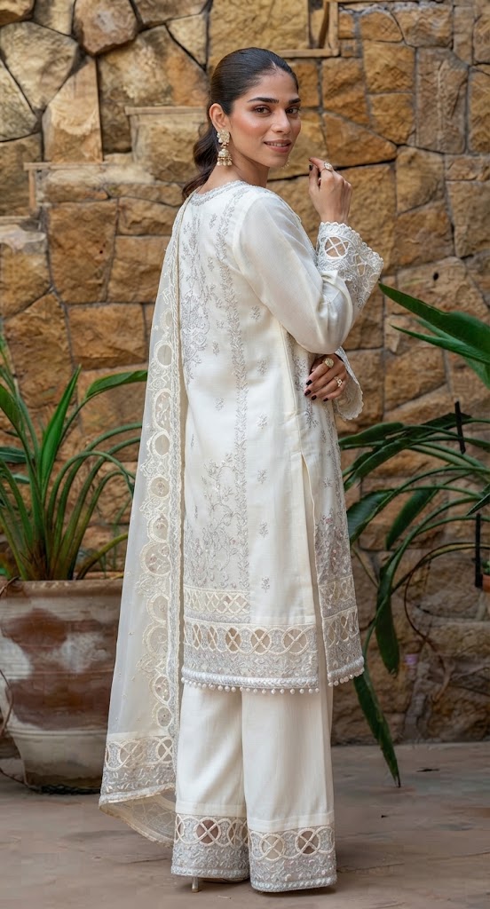 Regal Embellished Organza Three-Piece Suit with Wide-Leg Trousers