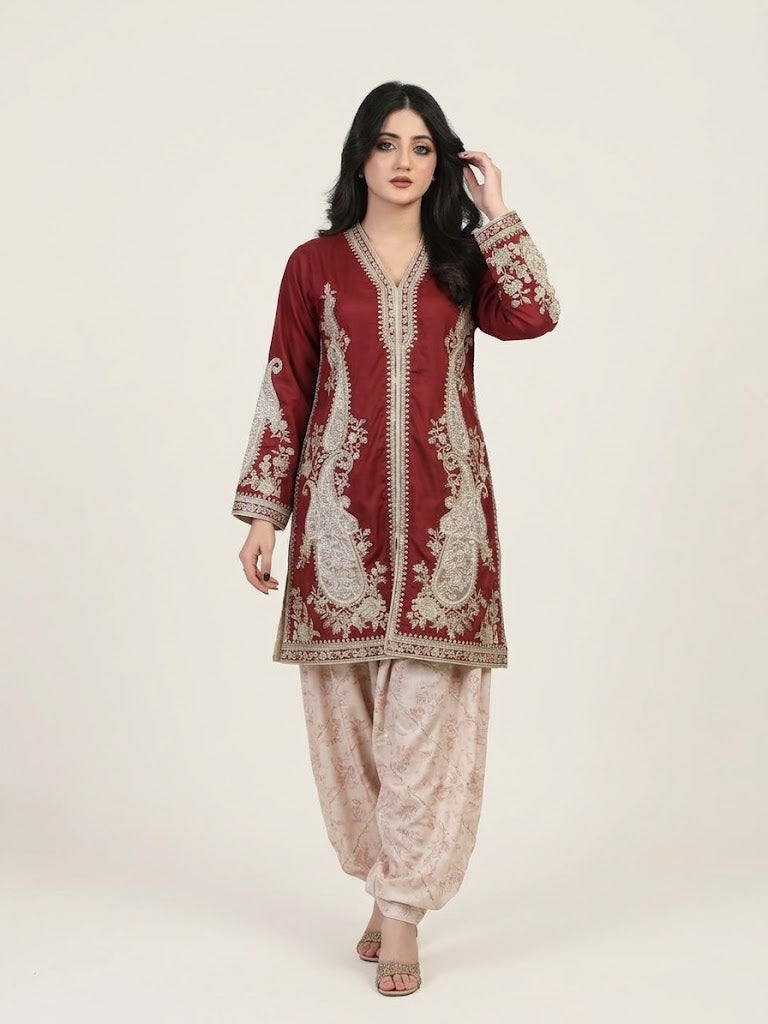 Maroon Embroidered Short Kurti with Shalwar Set