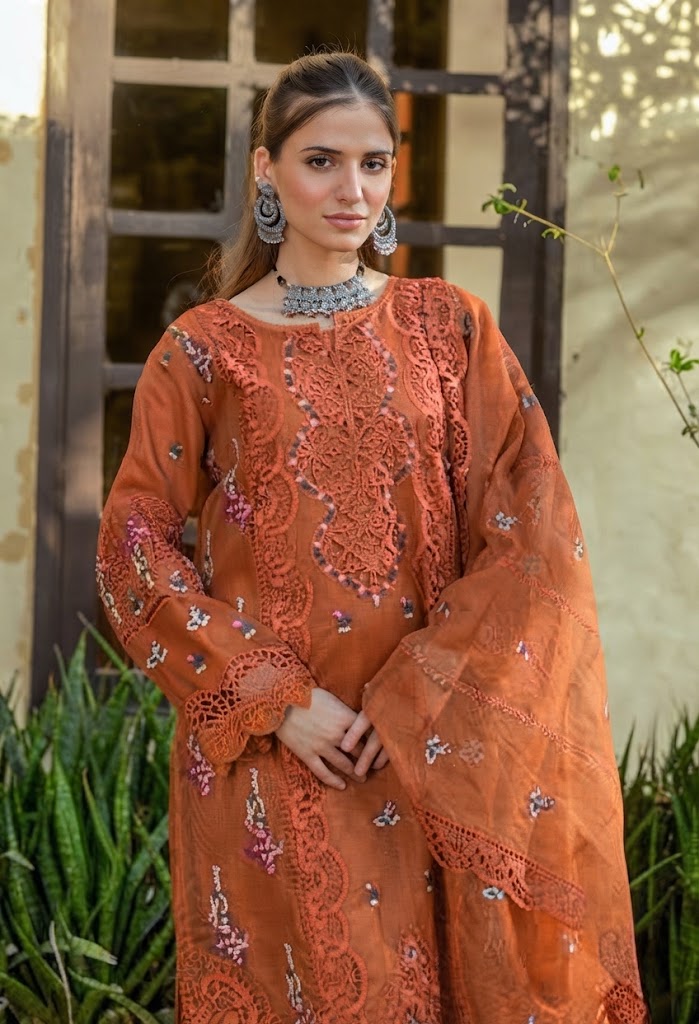 Embroidered Rust Orange Chiffon Long Frock Ensemble