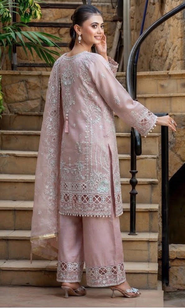 Regal Embellished Organza Three-Piece Suit with Wide-Leg Trousers