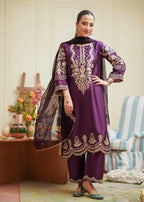 Plum Silk Embroidered 3-Piece Festive Outfit