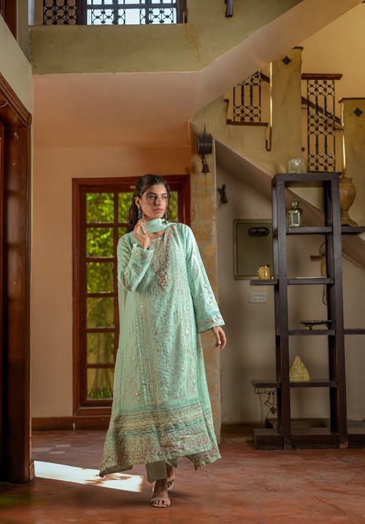 mint-green chiffon long frock
