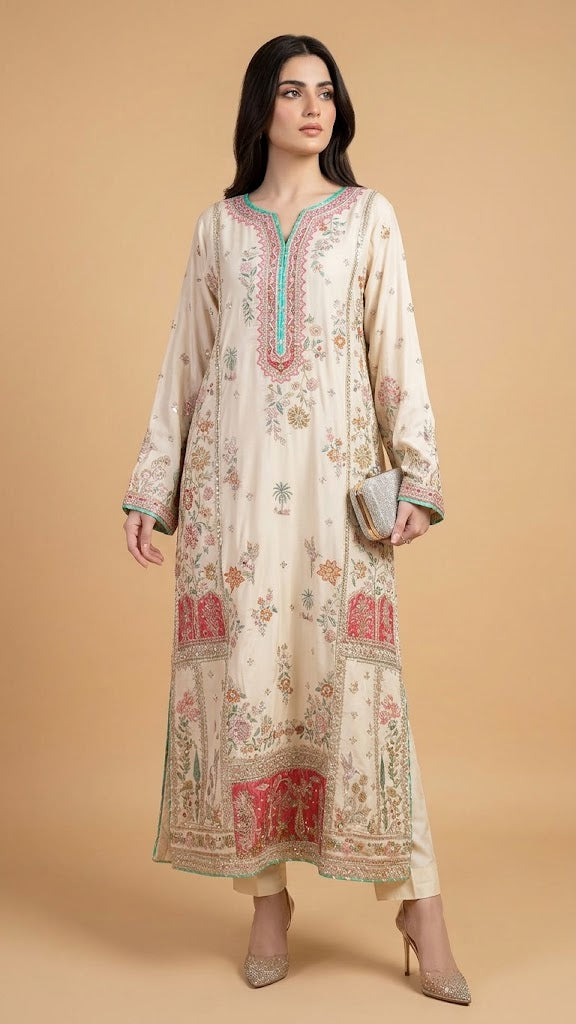 Embroidered Cream Silk Kurta Set