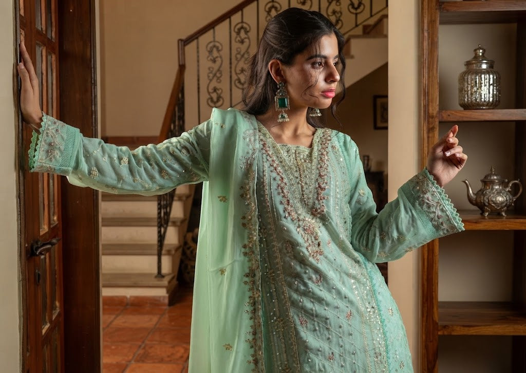mint-green chiffon long frock