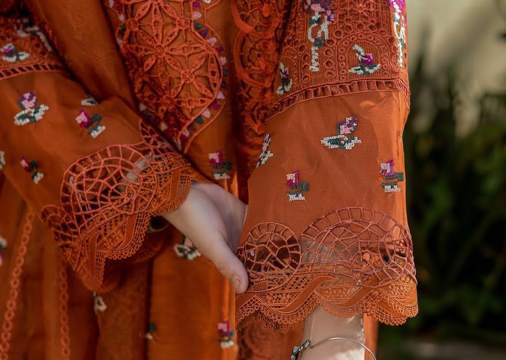 Embroidered Rust Orange Chiffon Long Frock Ensemble