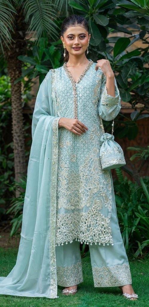 Opulent Embroidered Net Three-Piece Suit with Matching Pouch