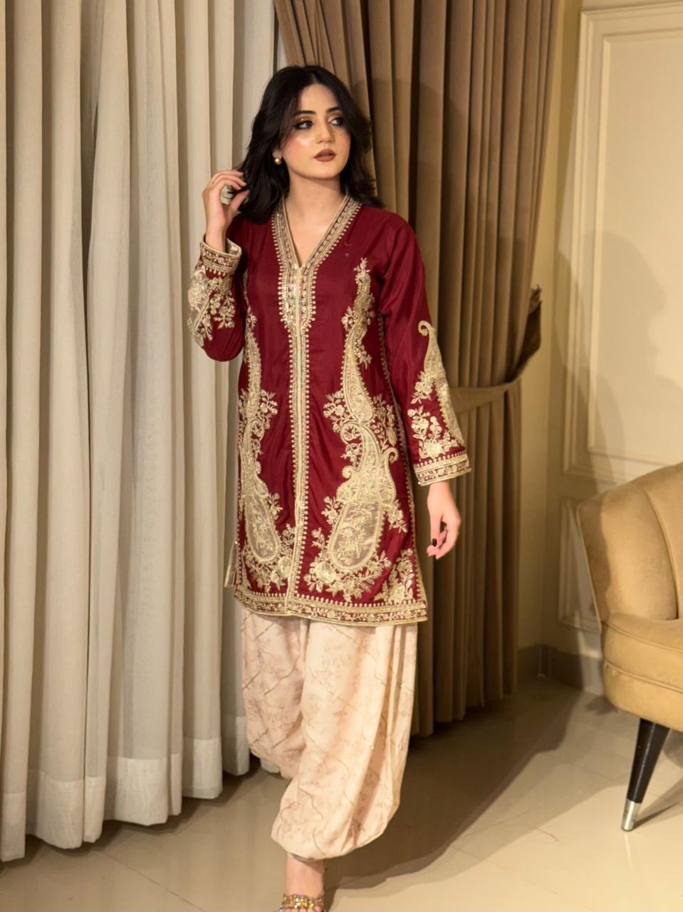 Maroon Embroidered Short Kurti with Shalwar Set