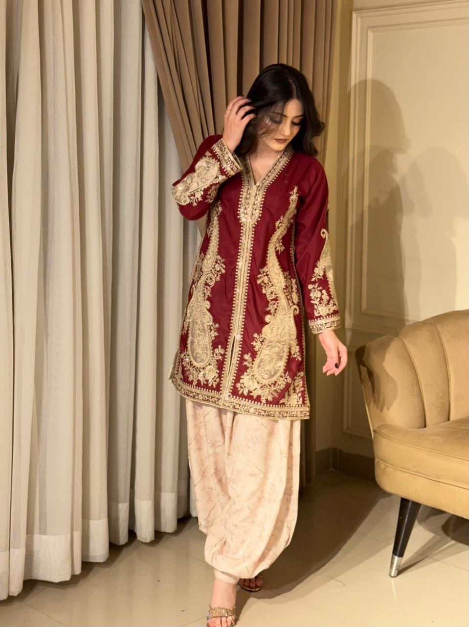 Maroon Embroidered Short Kurti with Shalwar Set