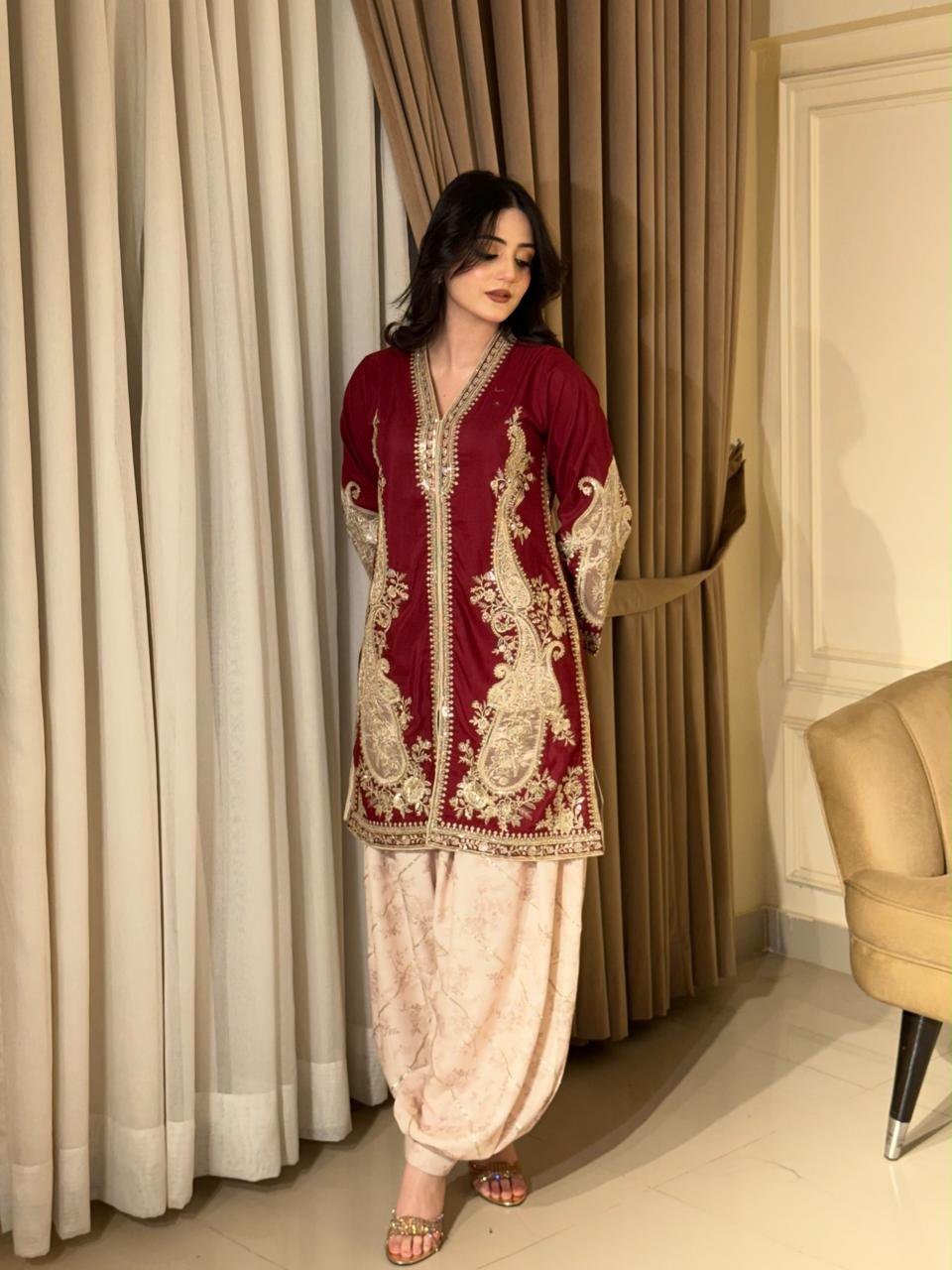 Maroon Embroidered Short Kurti with Shalwar Set