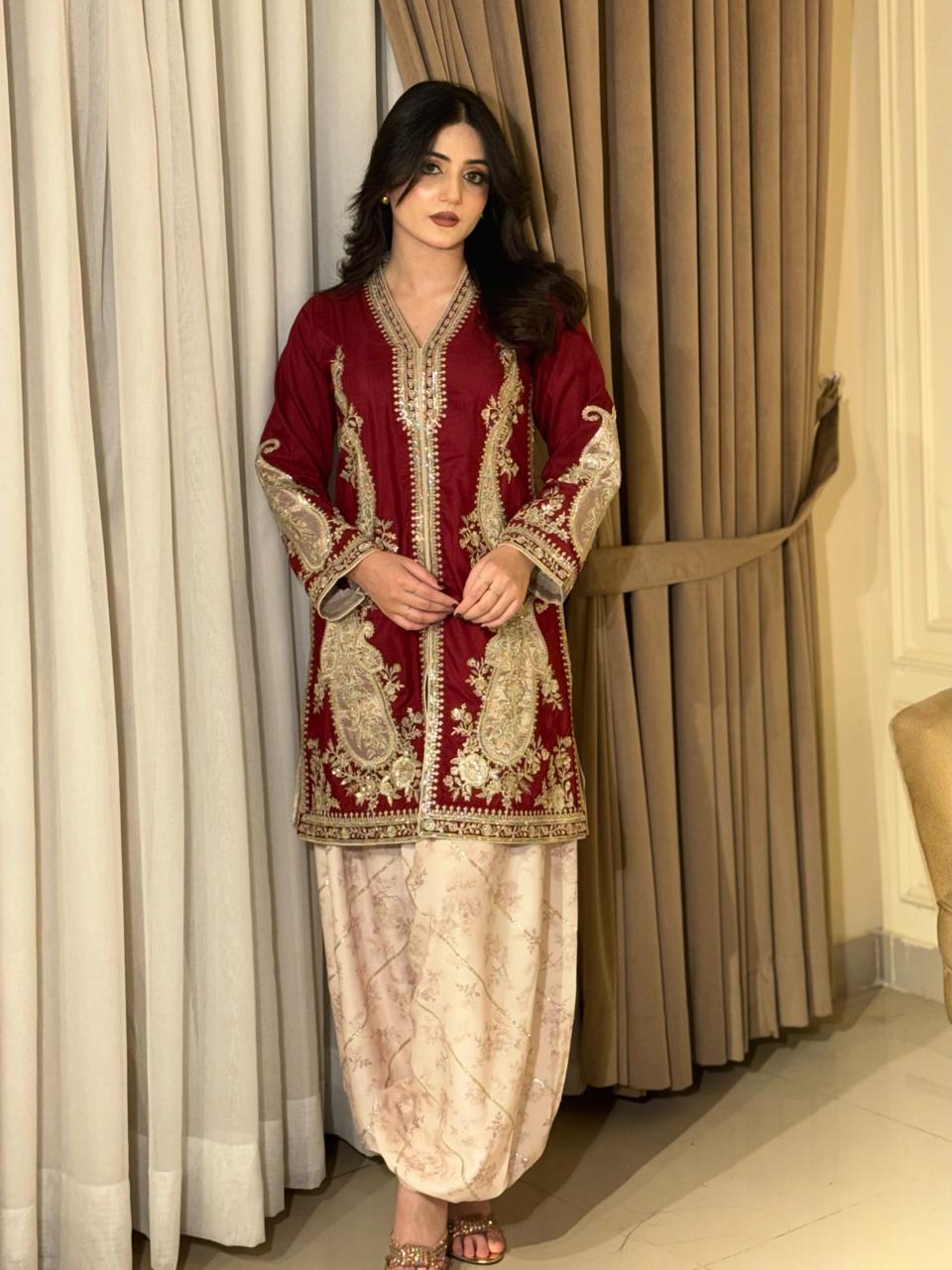 Maroon Embroidered Short Kurti with Shalwar Set