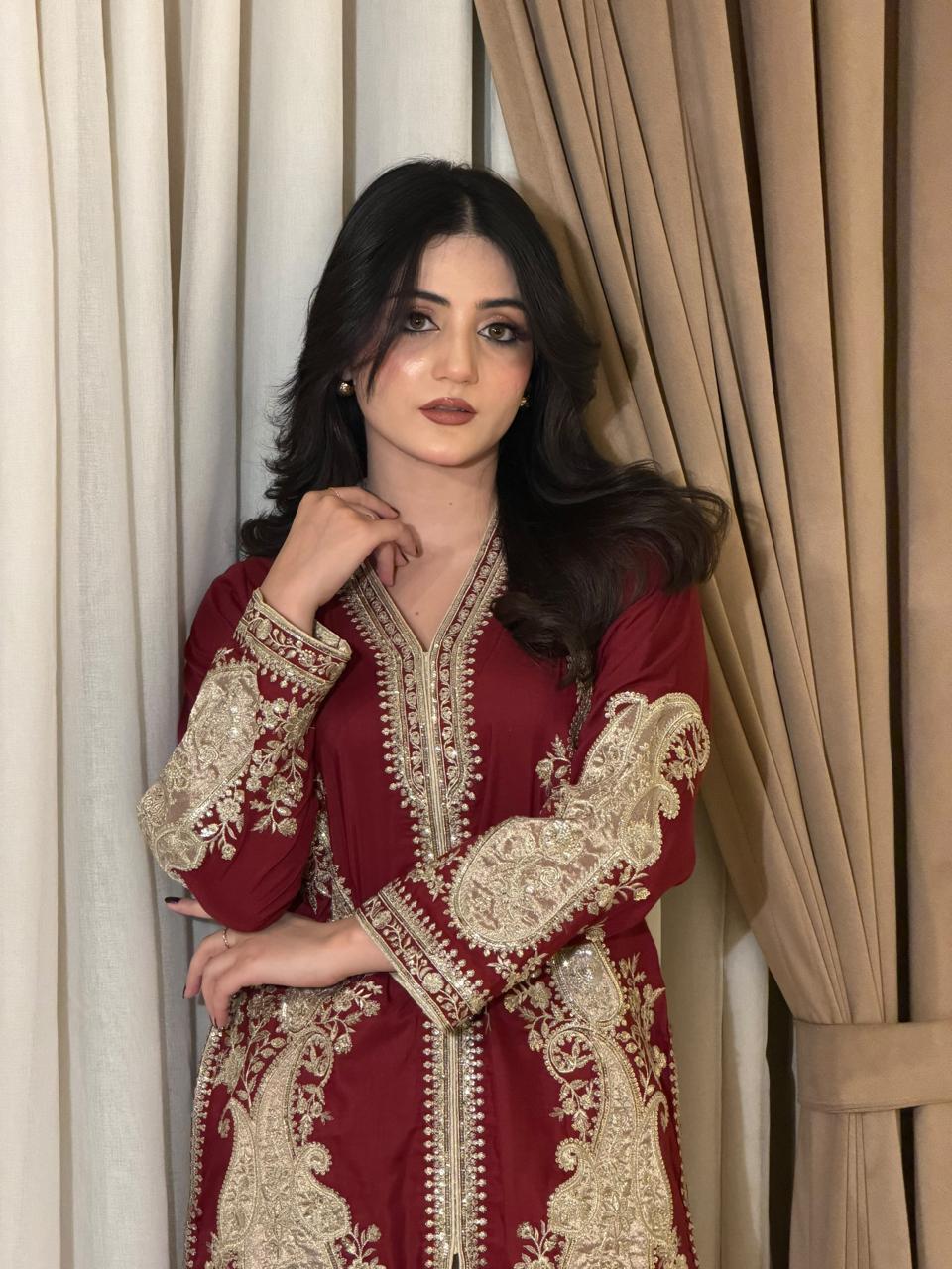 Maroon Embroidered Short Kurti with Shalwar Set