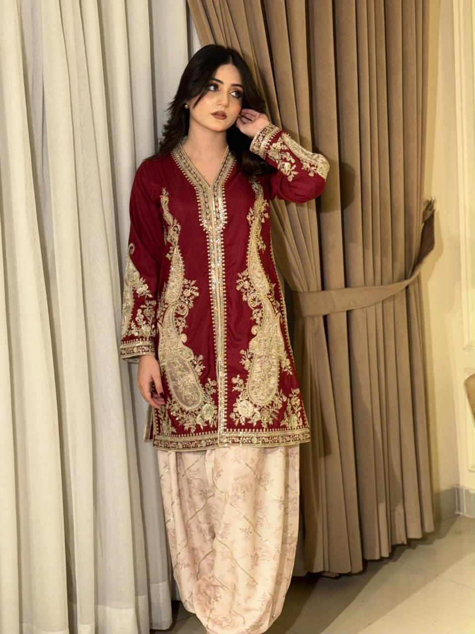 Maroon Embroidered Short Kurti with Shalwar Set