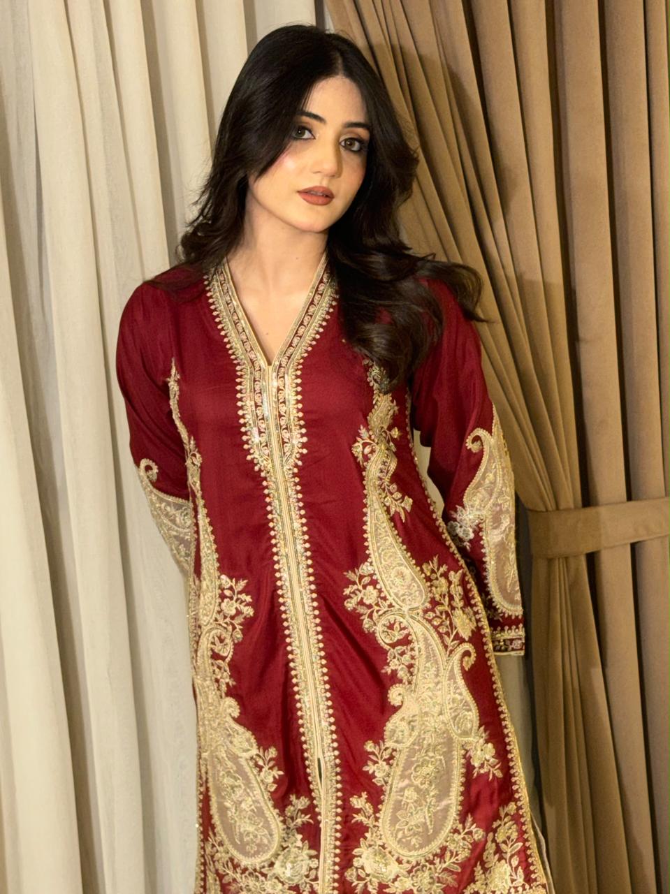 Maroon Embroidered Short Kurti with Shalwar Set