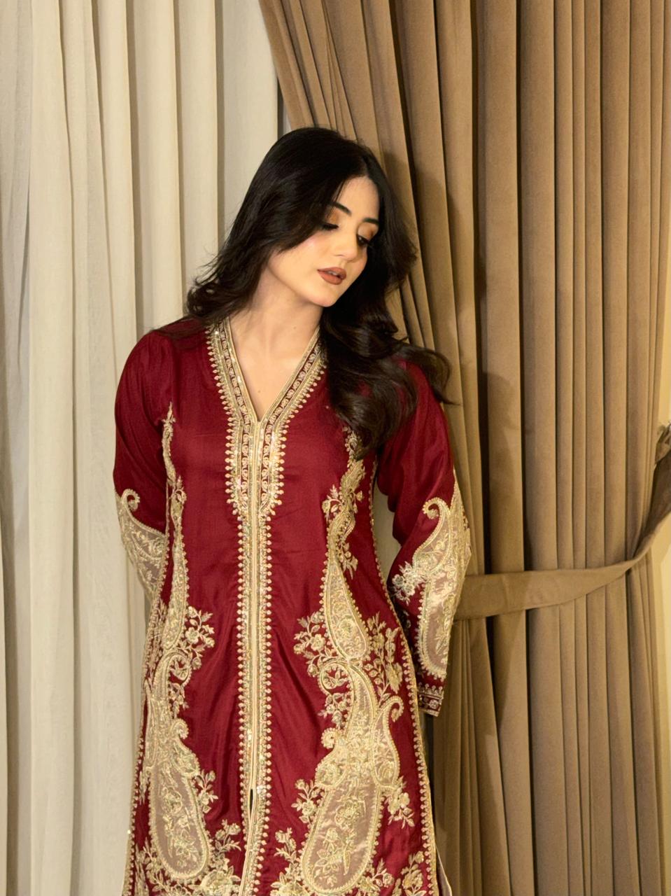 Maroon Embroidered Short Kurti with Shalwar Set