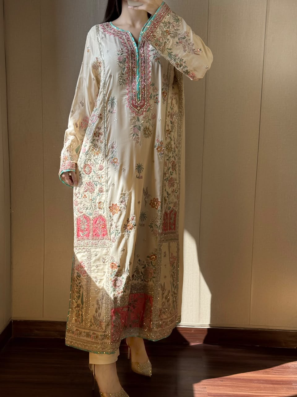 Embroidered Cream Silk Kurta Set