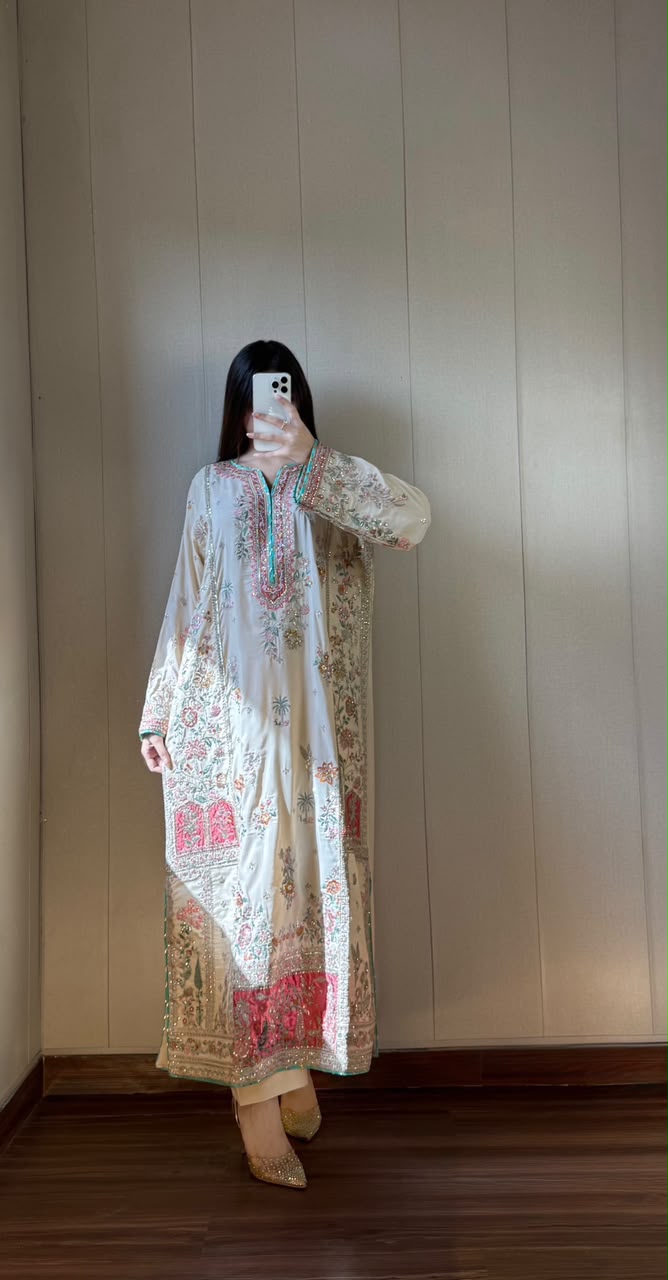 Embroidered Cream Silk Kurta Set