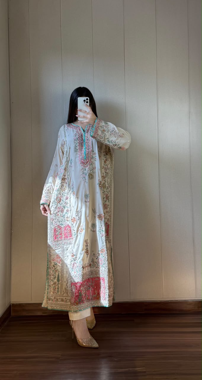 Embroidered Cream Silk Kurta Set