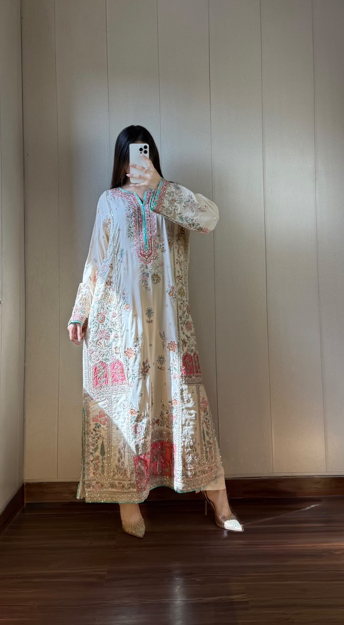 Embroidered Cream Silk Kurta Set
