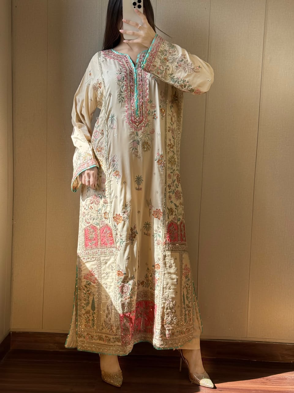 Embroidered Cream Silk Kurta Set
