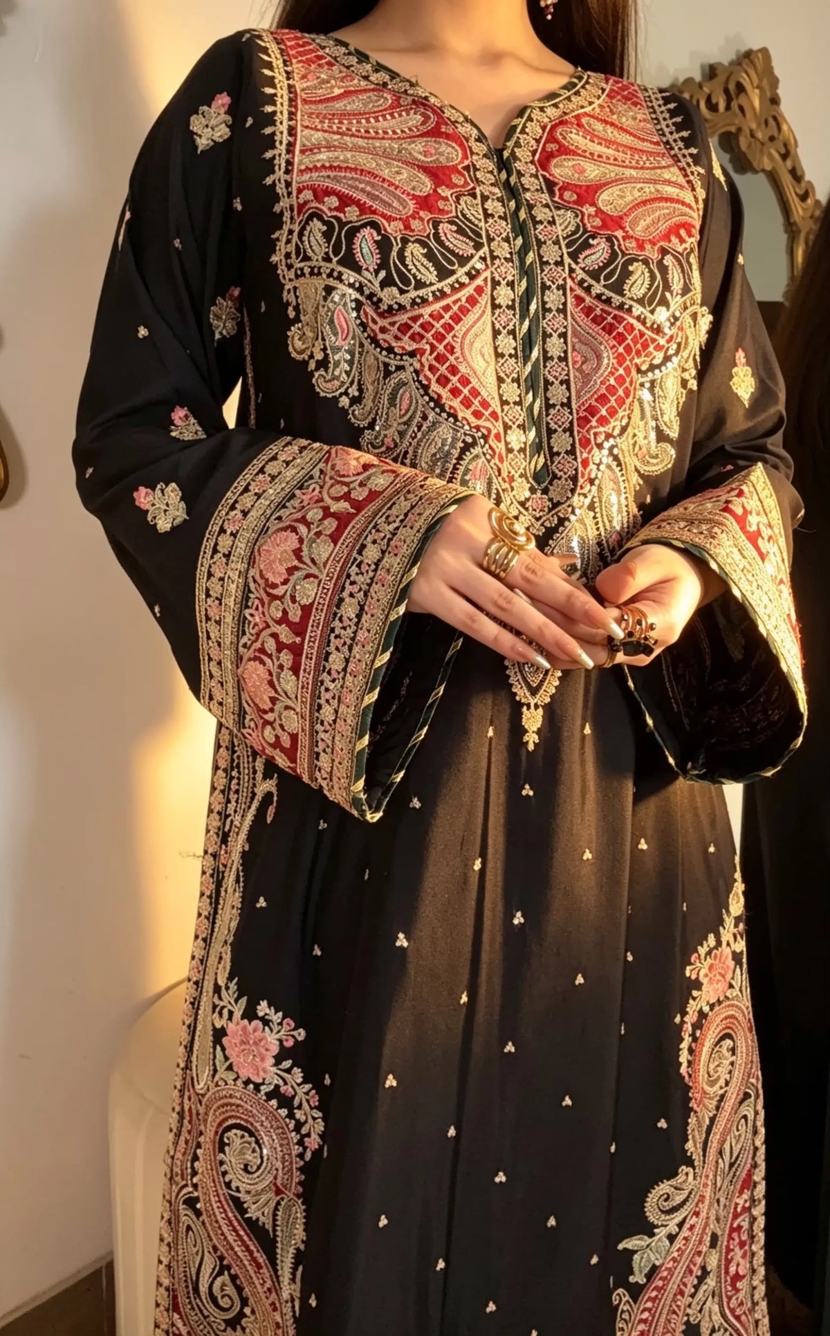 Black Embroidered Long Silk Kurta Set