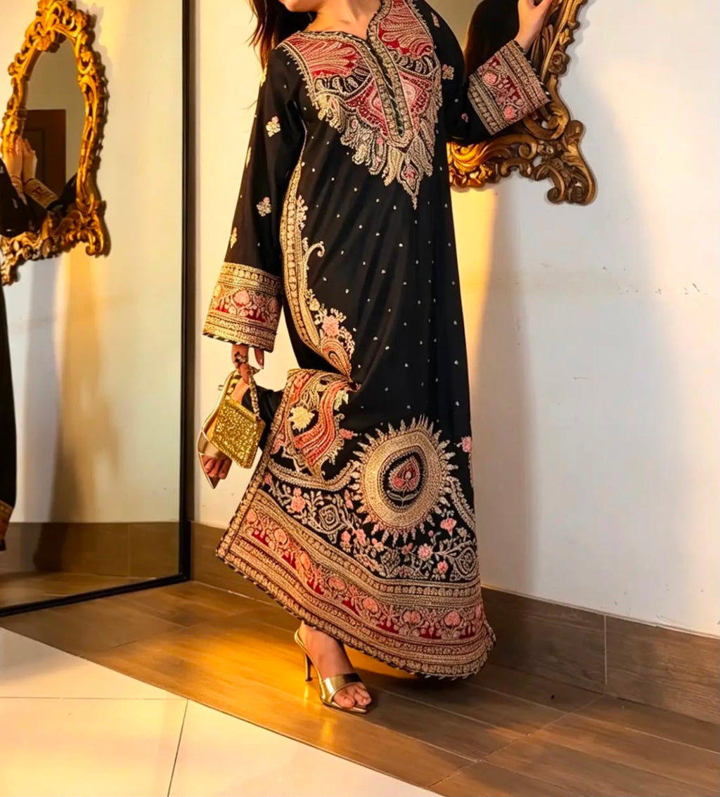Black Embroidered Long Silk Kurta Set