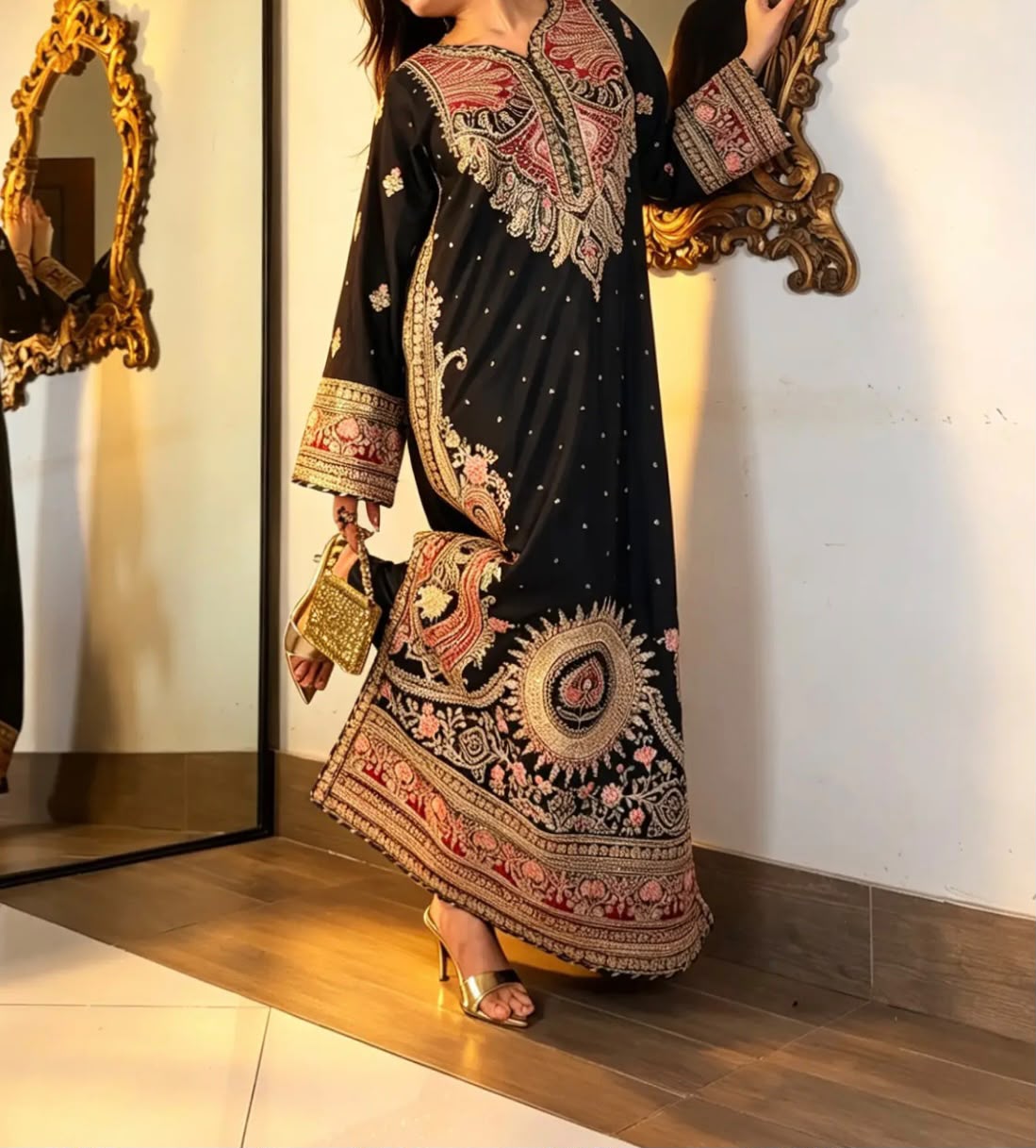 Black Embroidered Long Silk Kurta Set