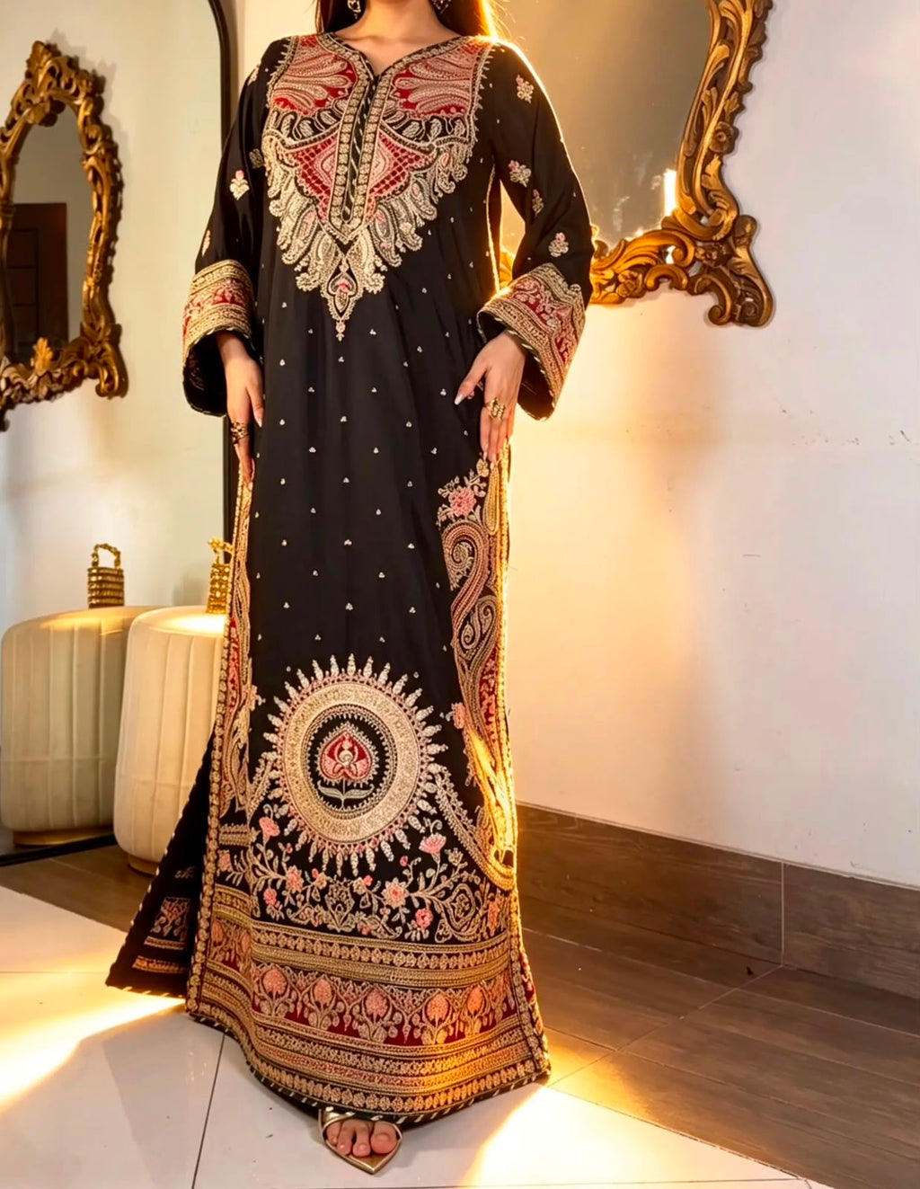 Black Embroidered Long Silk Kurta Set