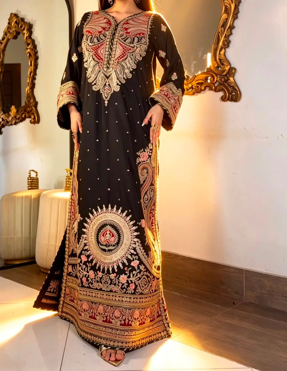 Black Embroidered Long Silk Kurta Set