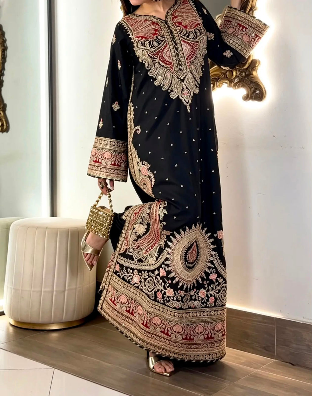 Black Embroidered Long Silk Kurta Set
