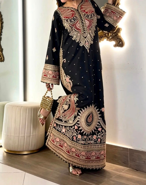 Black Embroidered Long Silk Kurta Set