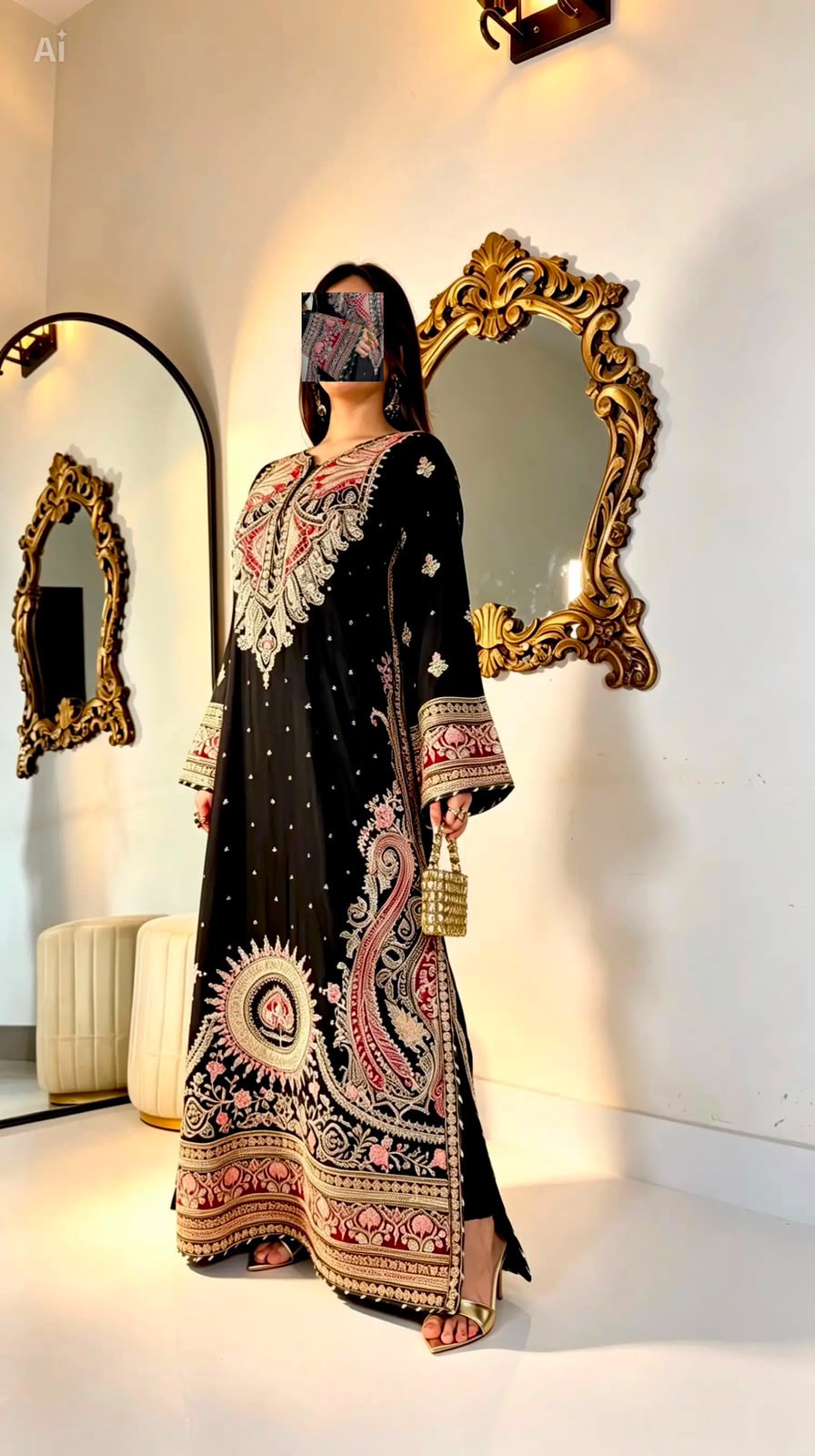 Black Embroidered Long Silk Kurta Set