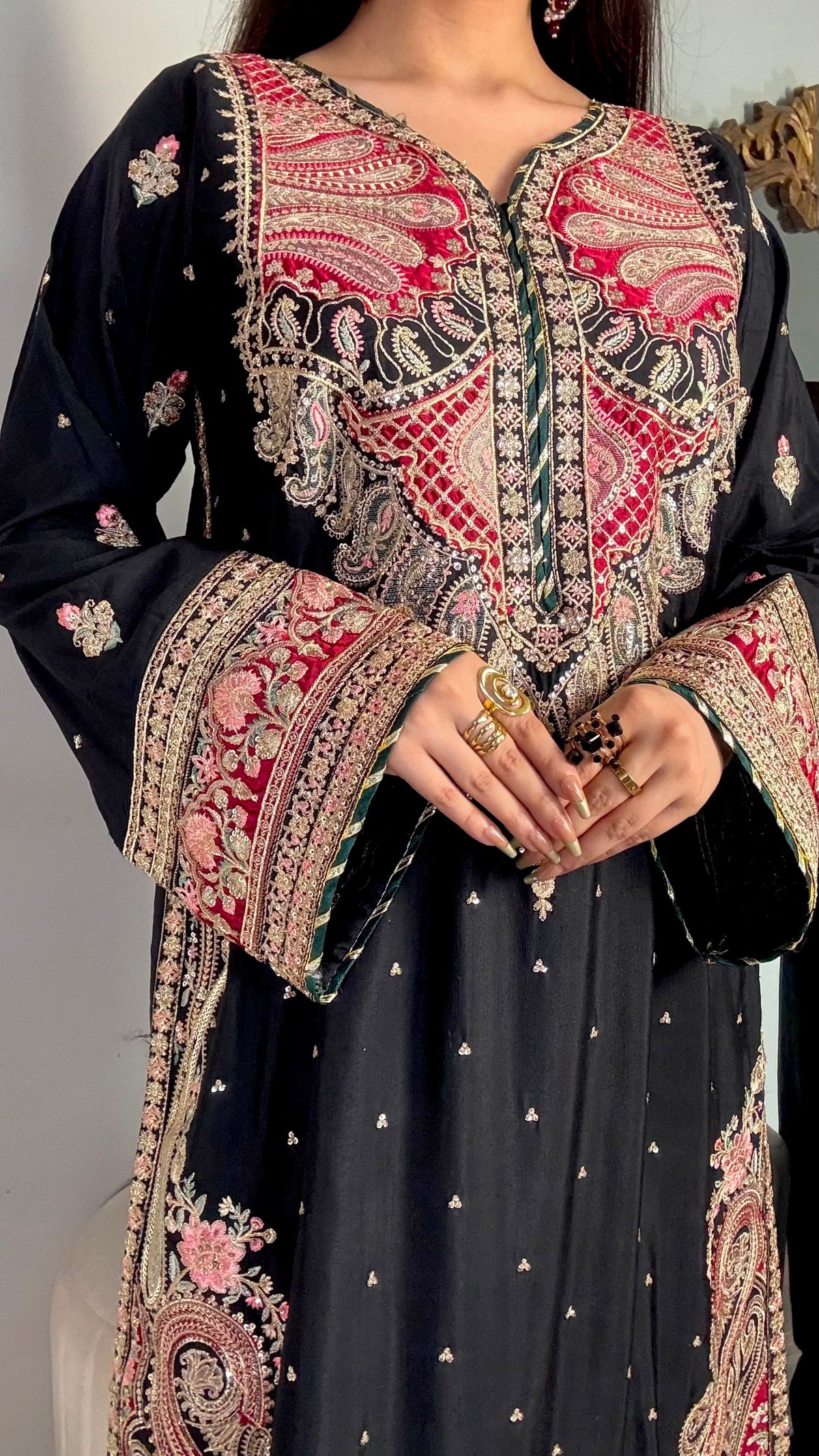 Black Embroidered Long Silk Kurta Set
