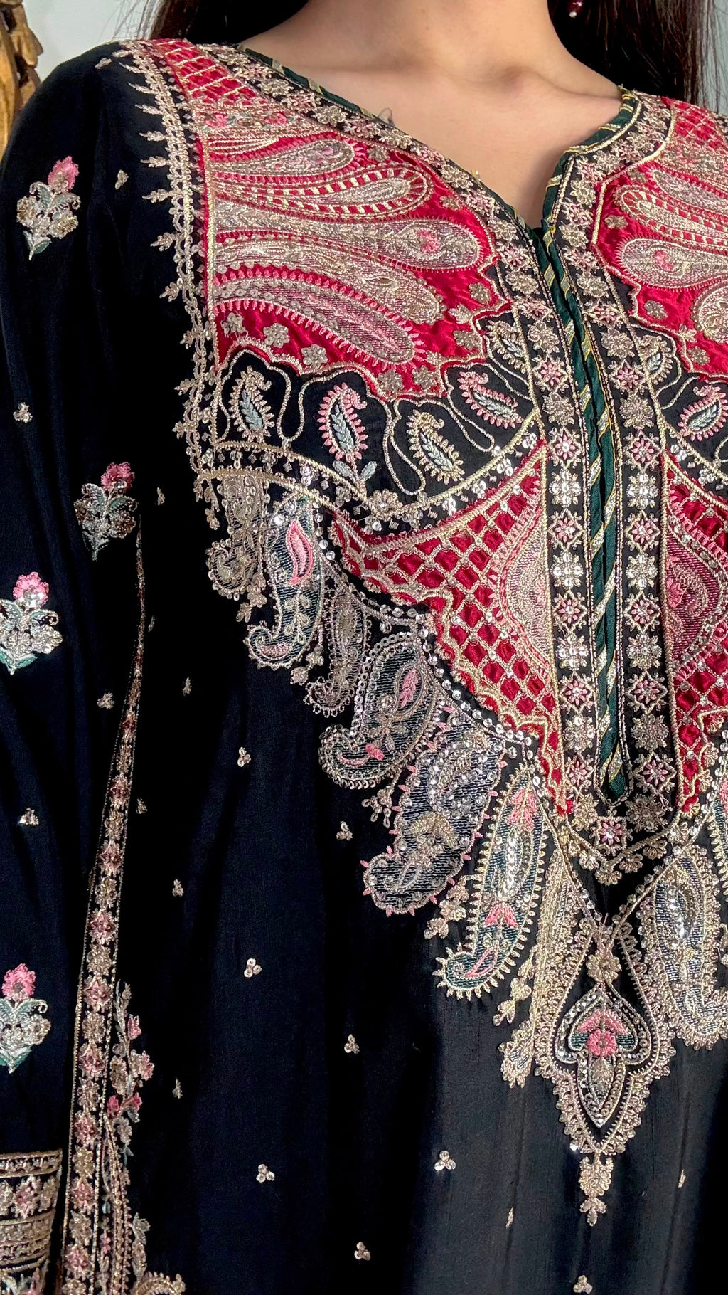 Black Embroidered Long Silk Kurta Set