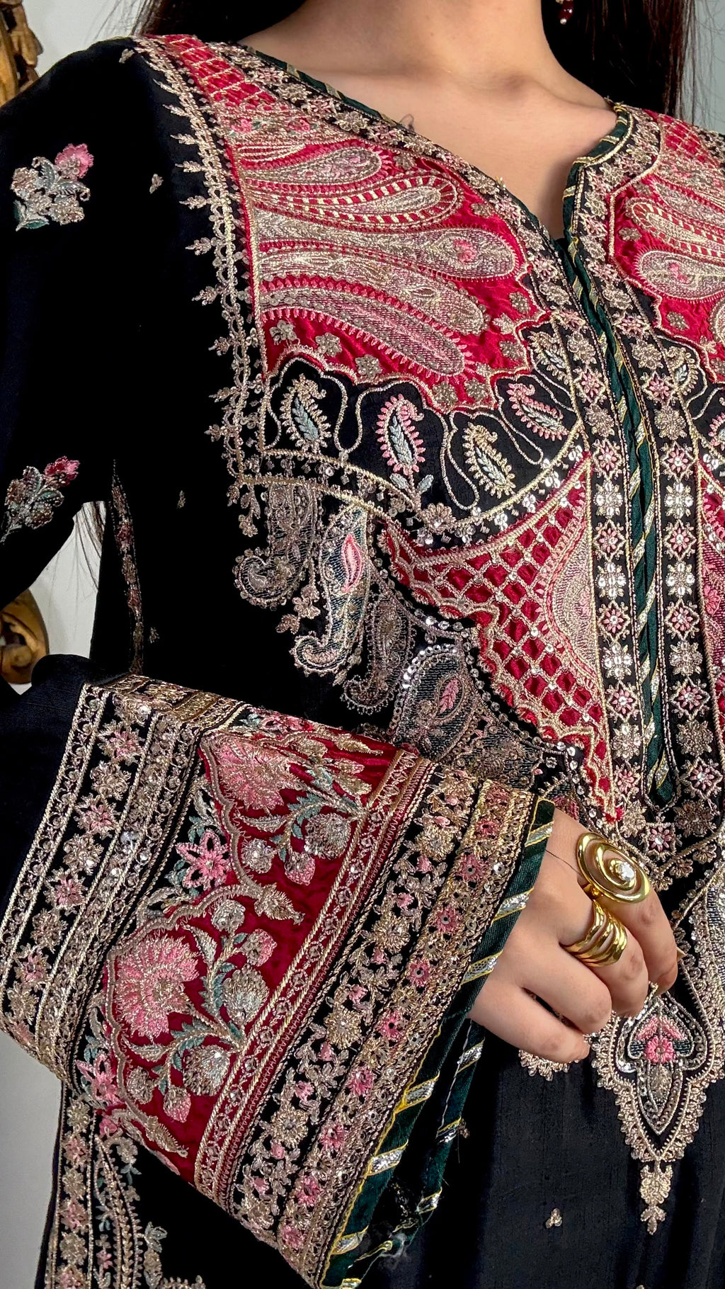 Black Embroidered Long Silk Kurta Set