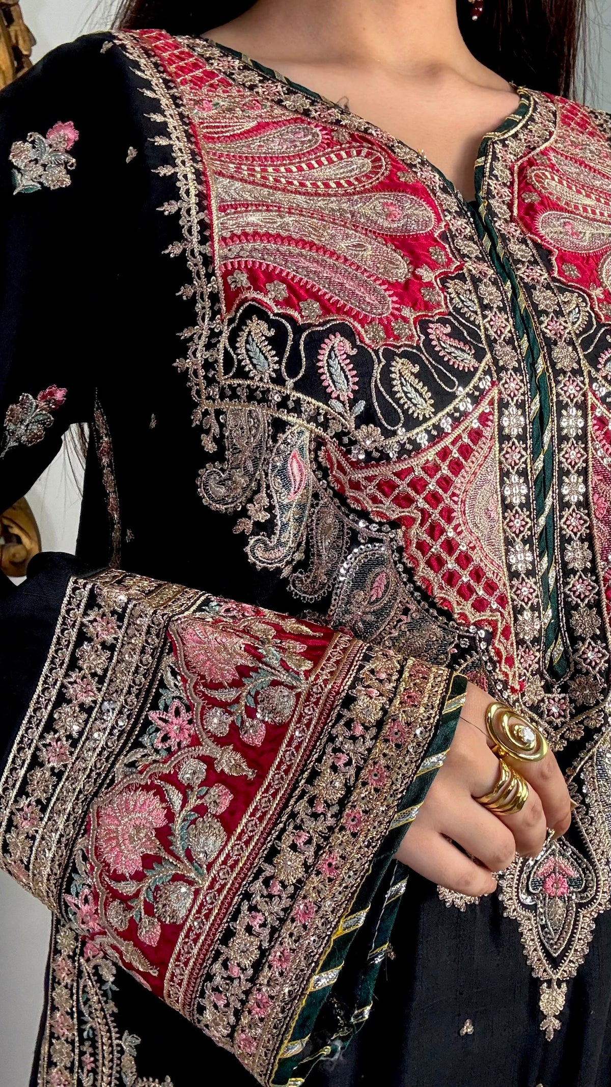 Black Embroidered Long Silk Kurta Set