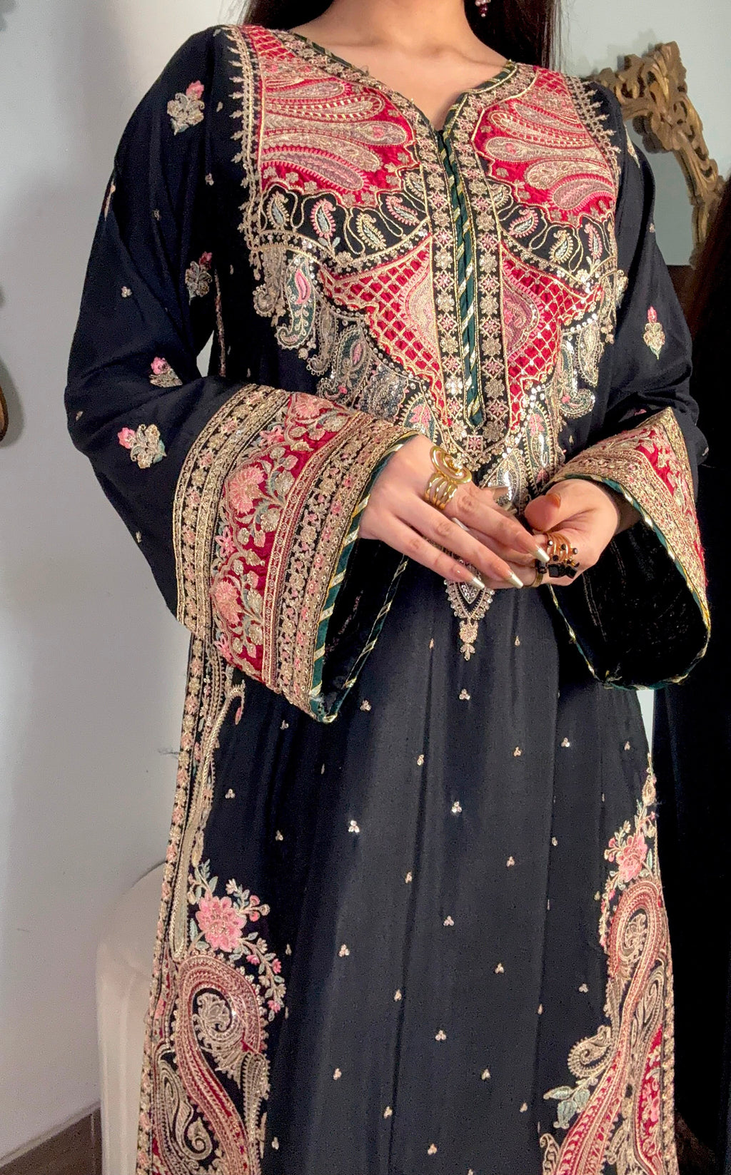 Black Embroidered Long Silk Kurta Set
