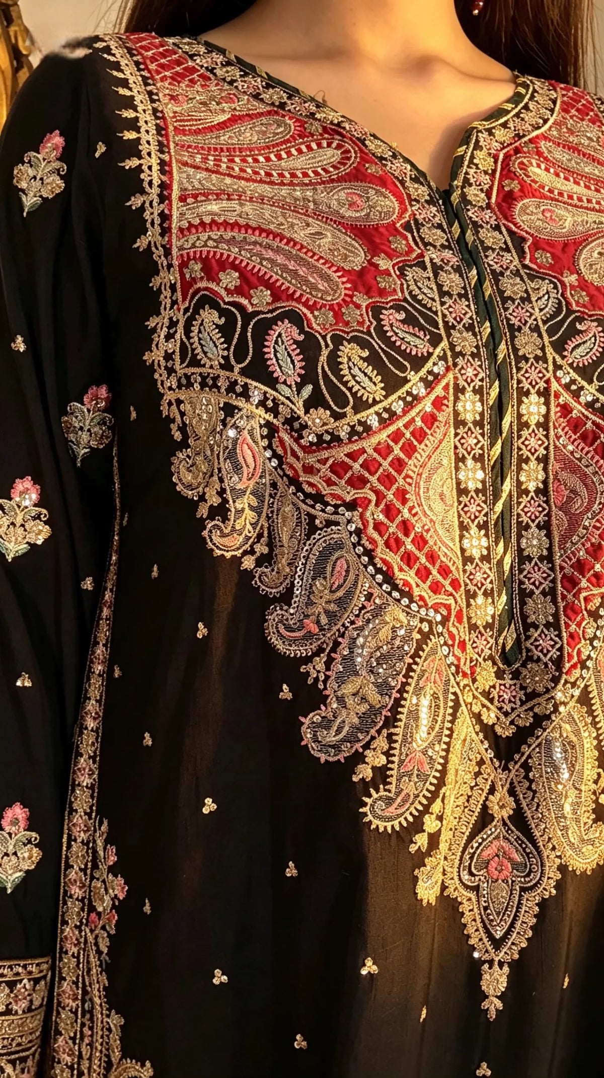 Black Embroidered Long Silk Kurta Set