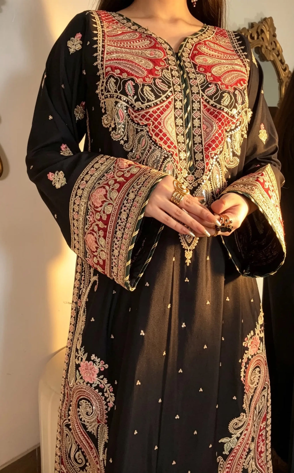 Black Embroidered Long Silk Kurta Set