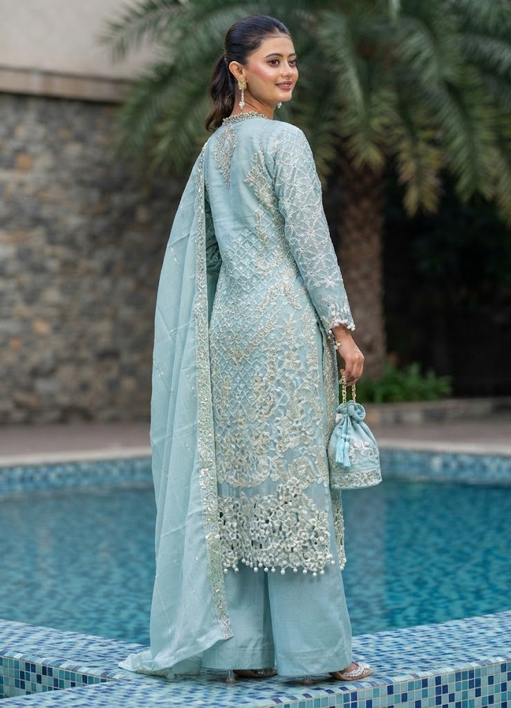 Opulent Embroidered Net Three-Piece Suit with Matching Pouch