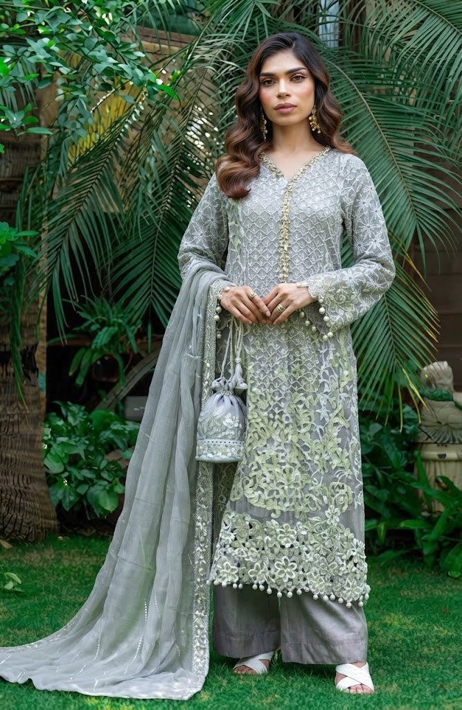 Opulent Embroidered Net Three-Piece Suit with Matching Pouch