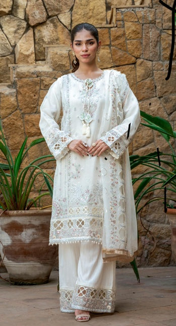 Regal Embellished Organza Three-Piece Suit with Wide-Leg Trousers