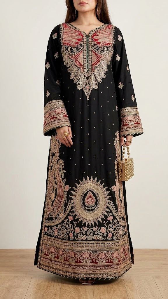 Black Embroidered Long Silk Kurta Set