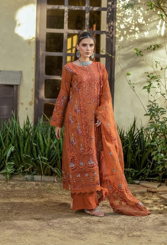 Embroidered Rust Orange Chiffon Long Frock Ensemble