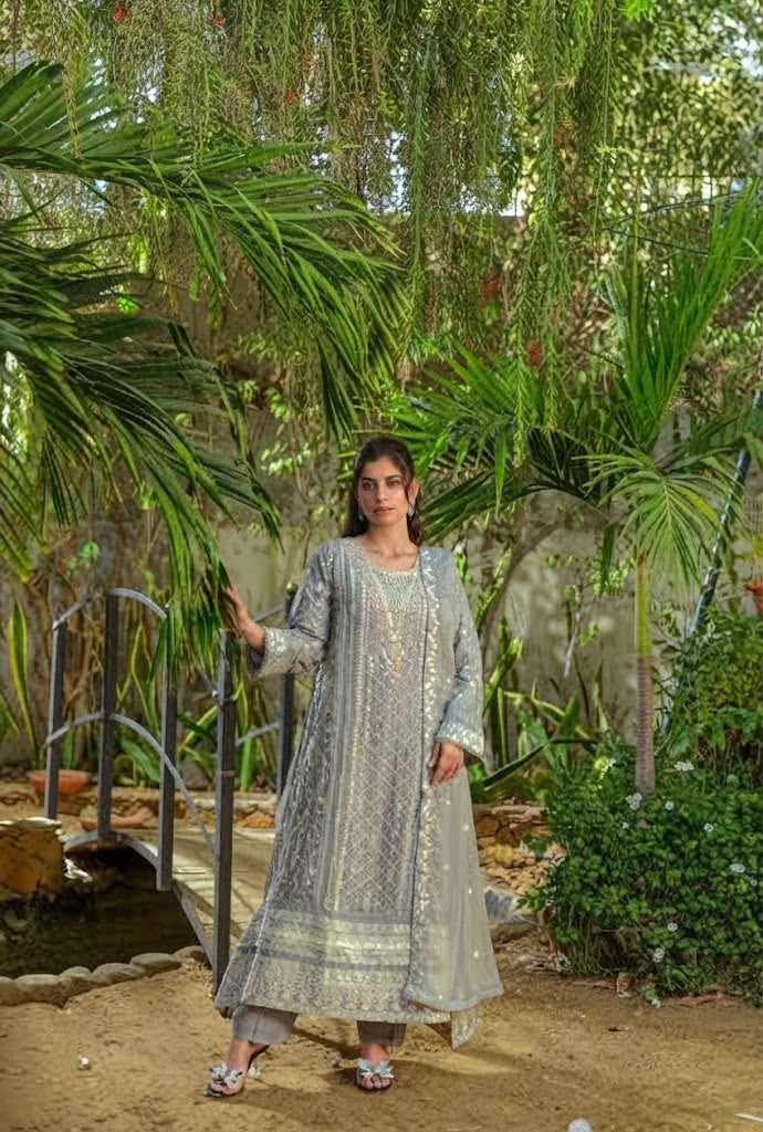 Grey Chiffon long frock