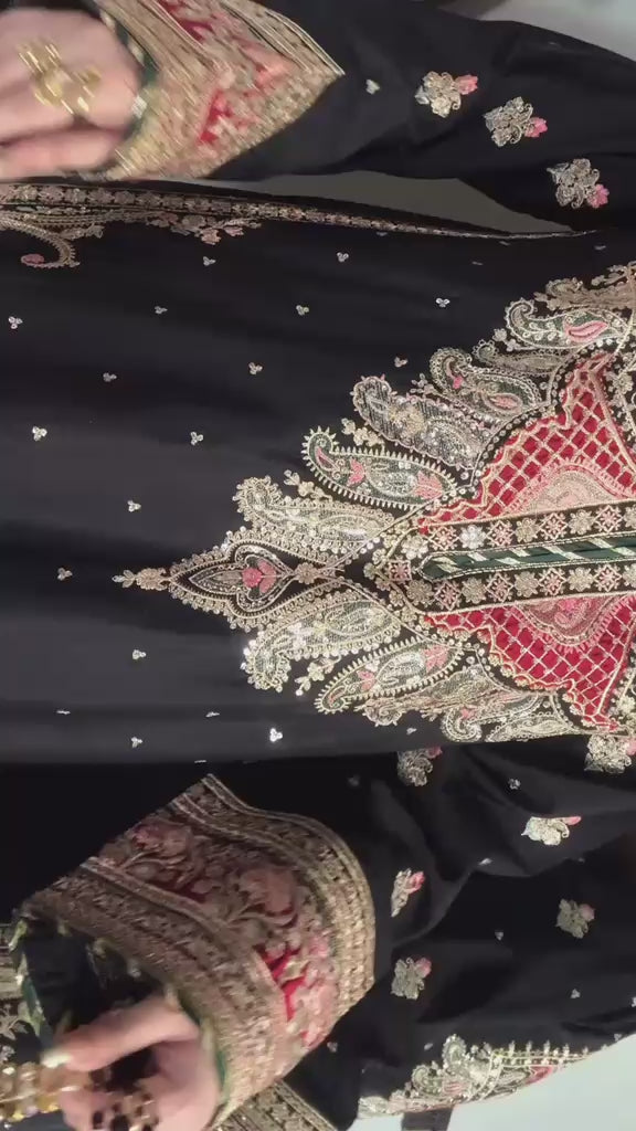 Black Embroidered Long Silk Kurta Set