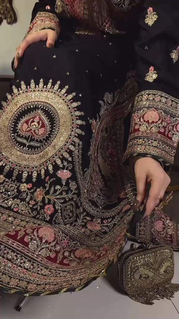 Black Embroidered Long Silk Kurta Set