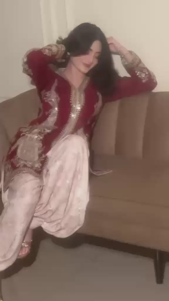 Maroon Embroidered Short Kurti with Shalwar Set