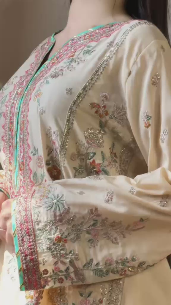 Embroidered Cream Silk Kurta Set